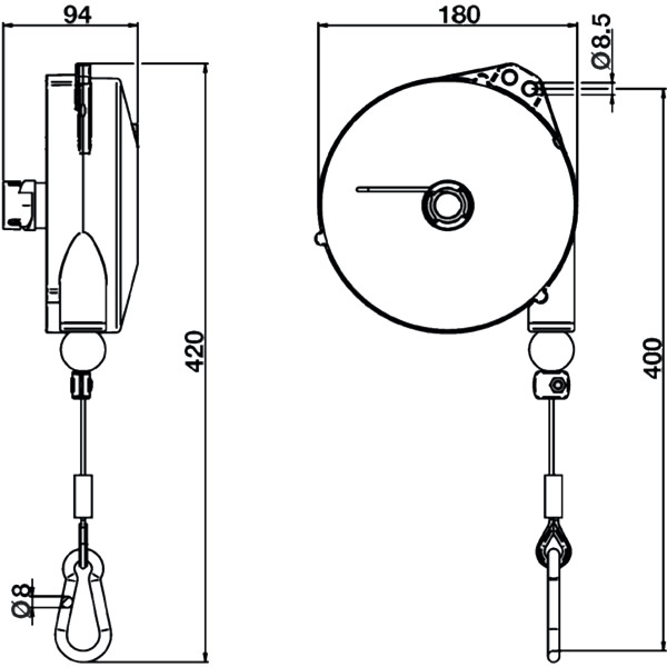 Abmessungen Federzug / Balancer für Outdoor-Einsatz - Serie 9336LOD - 9340OD