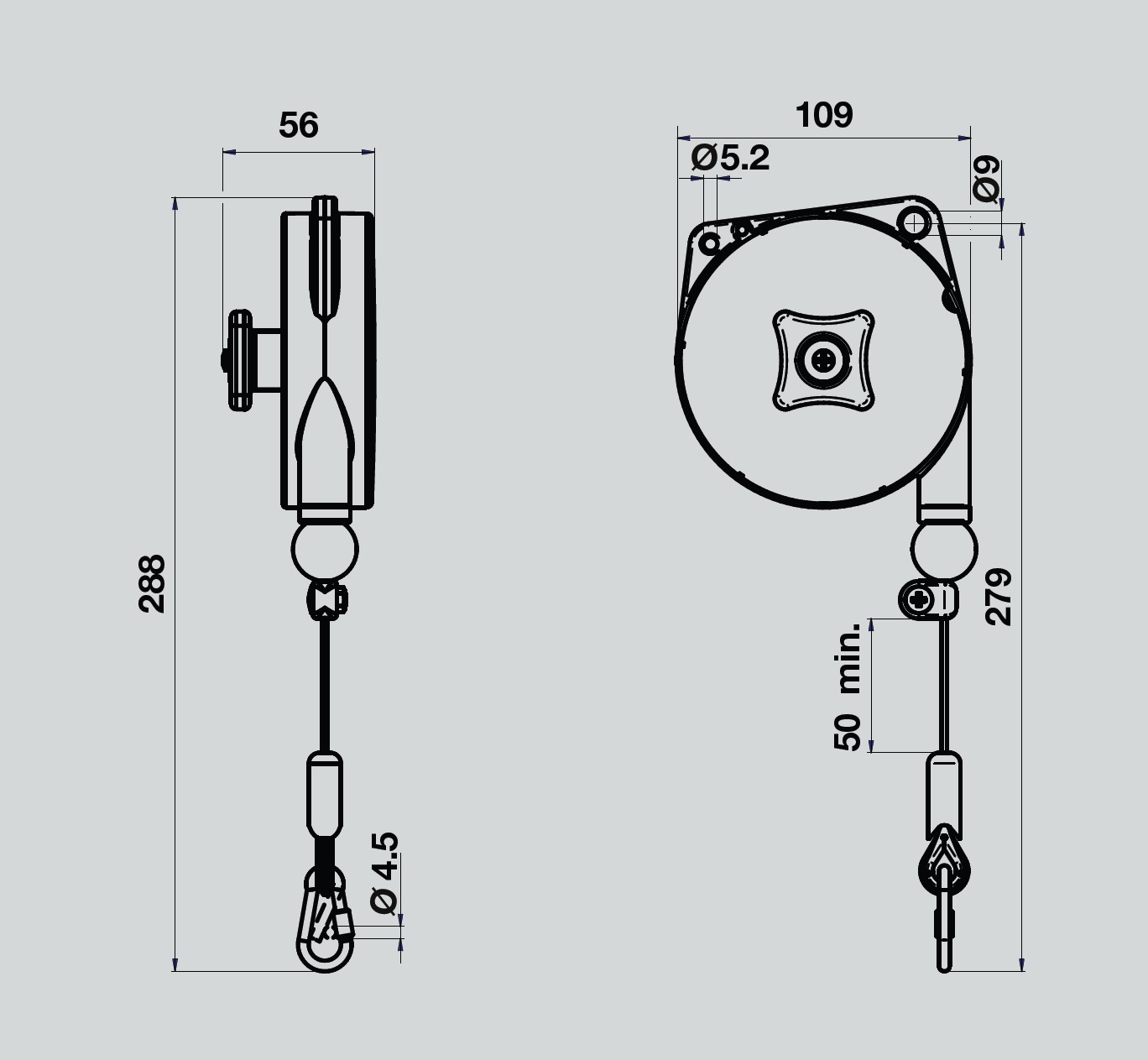 Federzug / Balancer für Outdoor-Einsatz - Zeichnung und Abmessungen - Serie 9310OD - 9313OD