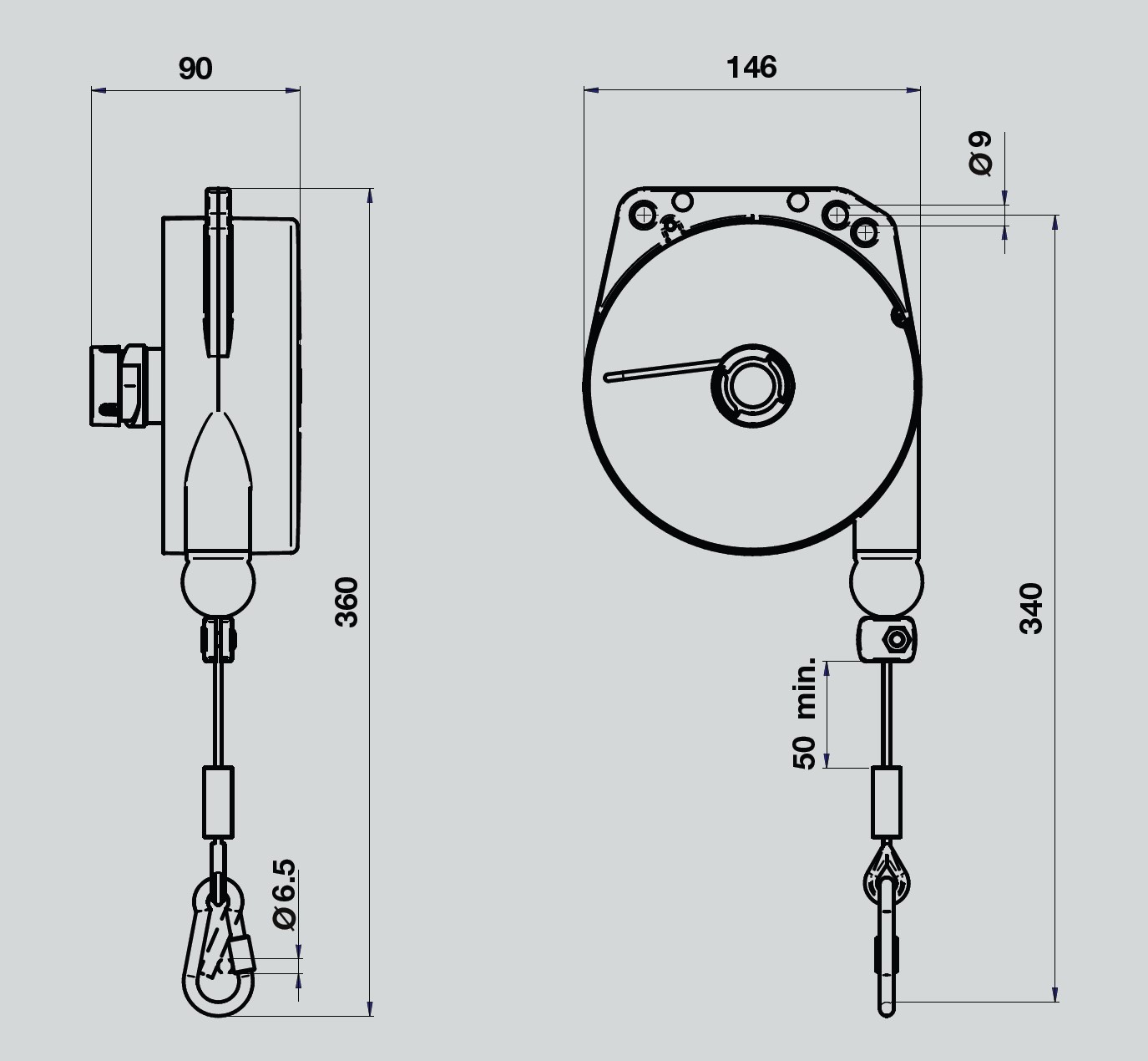Federzug / Balancer für Outdoor-Einsatz - Zeichnung und Abmessungen - Serie 9320OD - 9323OD