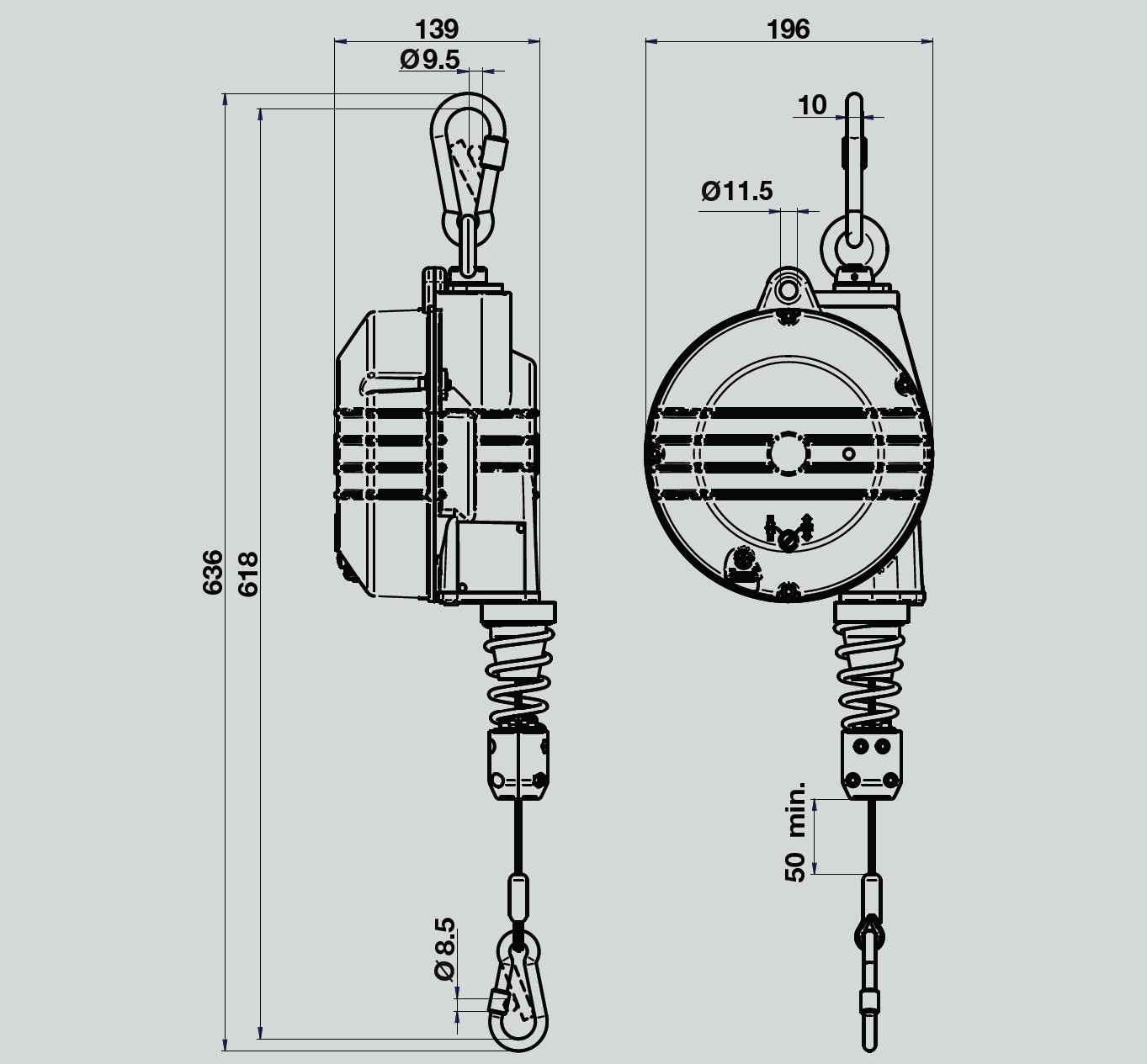 Federzug / Balancer für Outdoor-Einsatz - Zeichnung und Abmessungen - Serie 9354OD - 9359OD