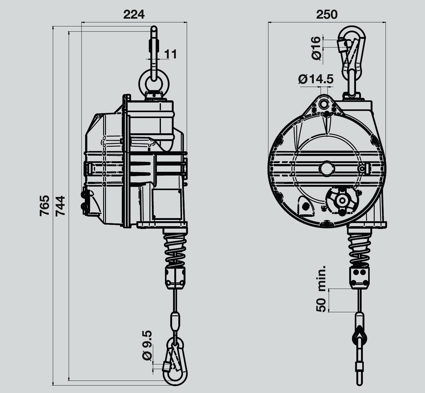 Federzug / Balancer für Outdoor-Einsatz - Zeichnung und Abmessungen - Serie 9502OD - 9525OD