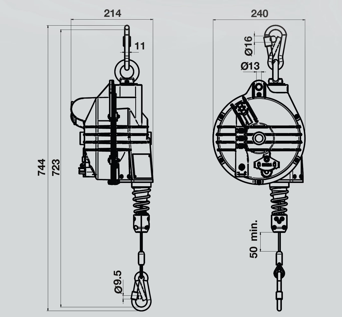 Federzug / Balancer für Outdoor-Einsatz - Zeichnung und Abmessungen - Serie 9361OD - 9369OD