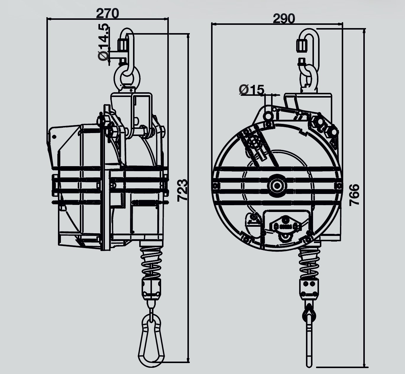 Federzug / Balancer für Outdoor-Einsatz - Zeichnung und Abmessungen - Serie 9401OD - 9456OD