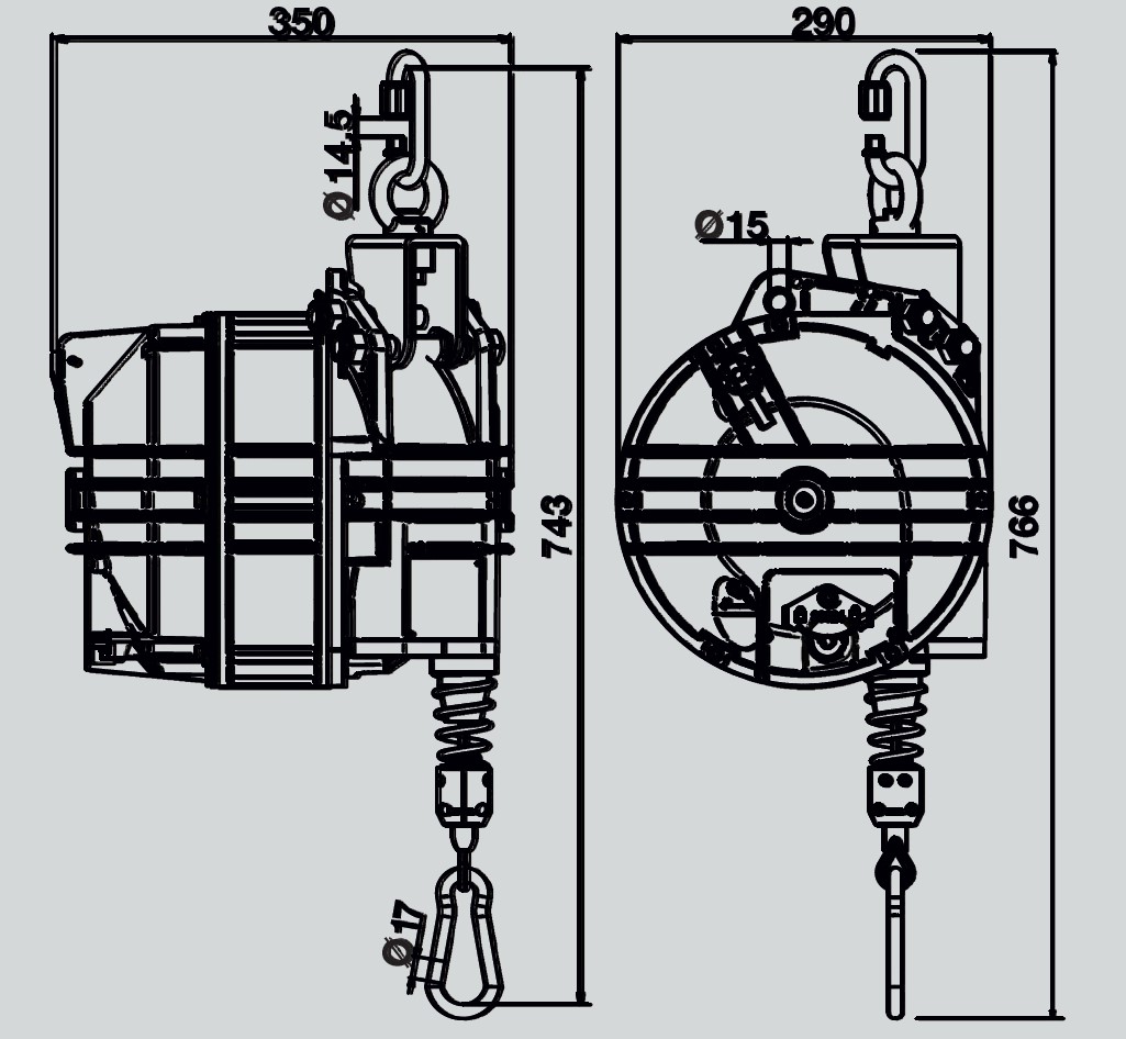 Federzug / Balancer für Outdoor-Einsatz - Zeichnung und Abmessungen - Serie 9422OD - 9456OD